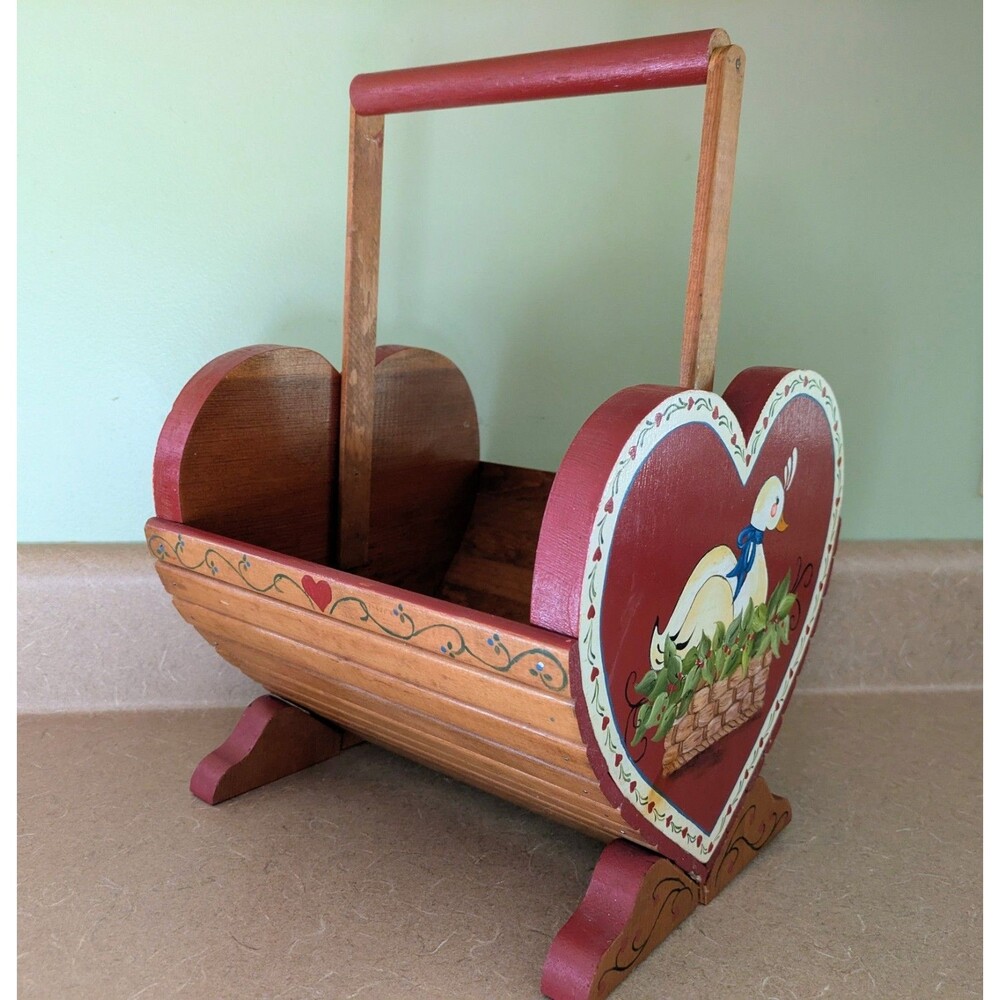 Vintage 80s Wood Heart Basket With Hand Painted Duck Shabby Chic Cottagecore